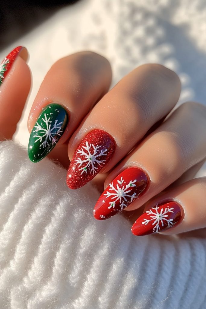 1 Red and green snowflake nails