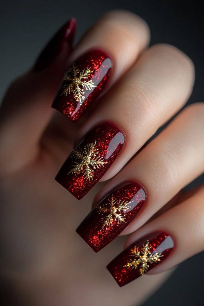 10 Deep Red with Gold Glitter Snowflake Accents