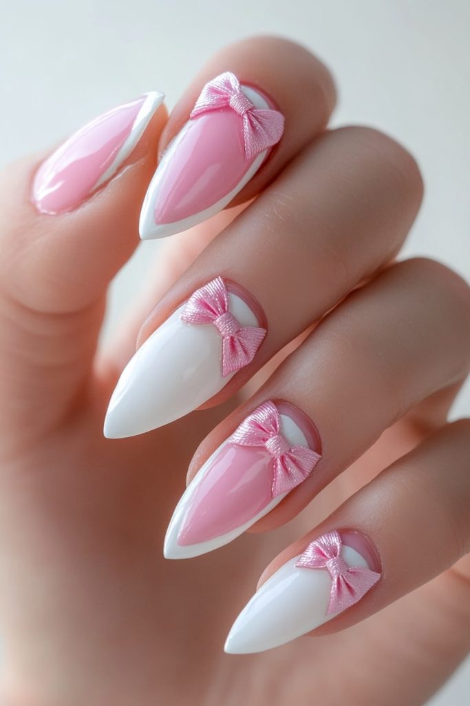 10 Pink and White Bow Nails with Alternating pink and white bows
