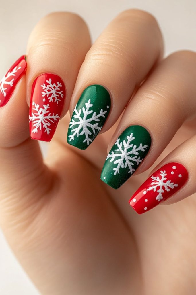 10 Red and Green Snowflake Nails