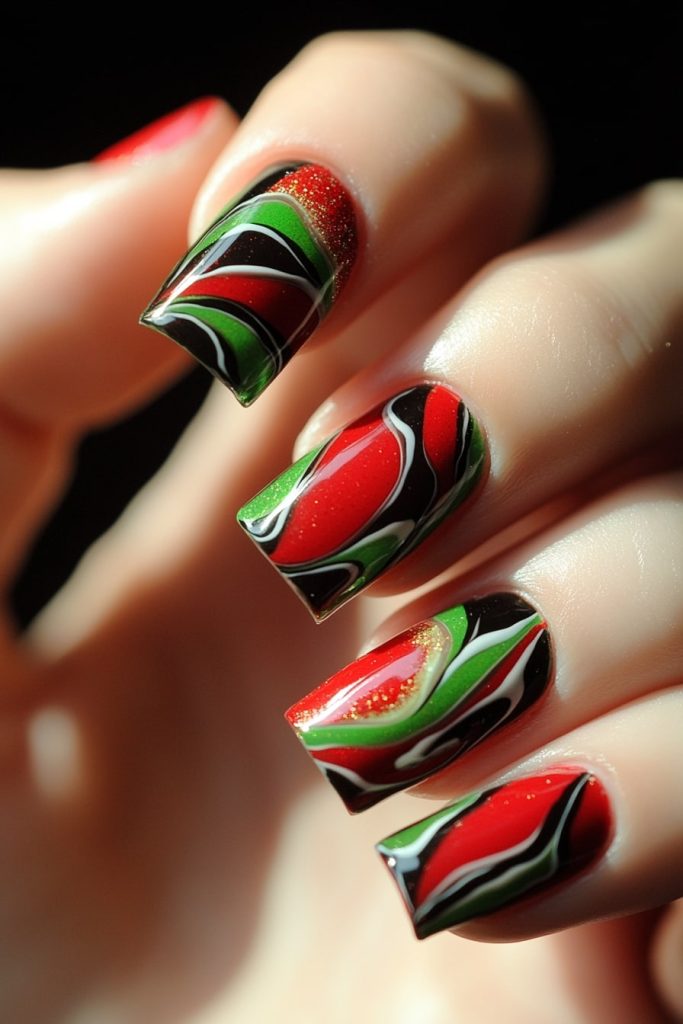 10 Red and green swirl nails