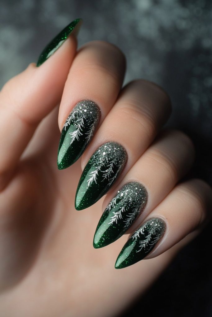 11 Emerald Green with Silver Glitter Pine Trees