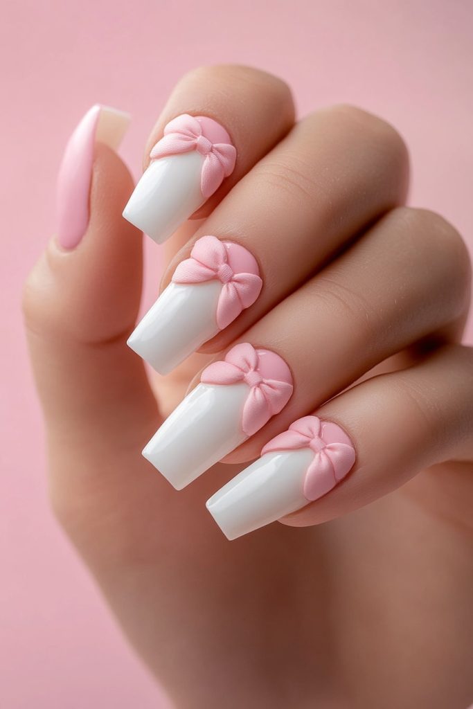11 Pink and White Bow Nails with Half pink, half white bow designs