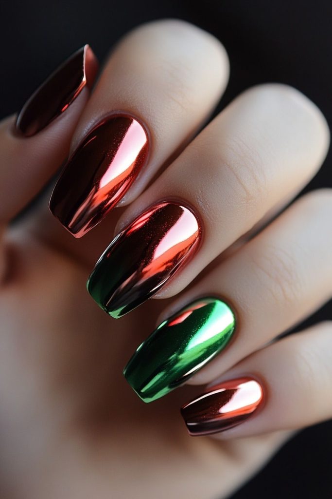 11 Red and green chrome nails