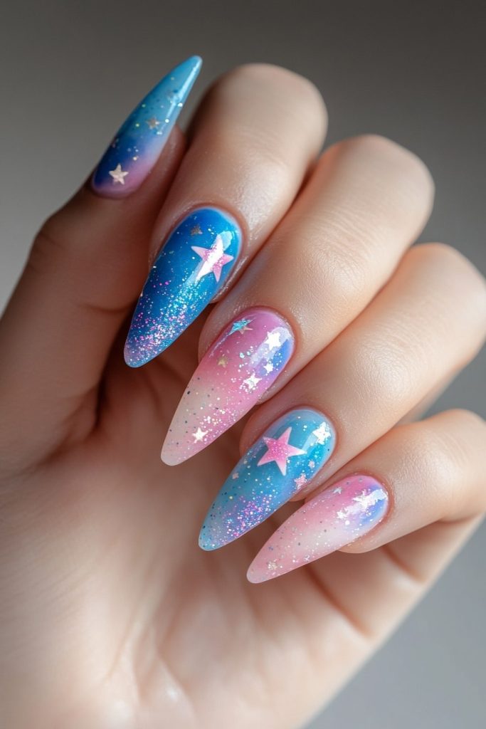 12 Blue and Pink with Glitter stars