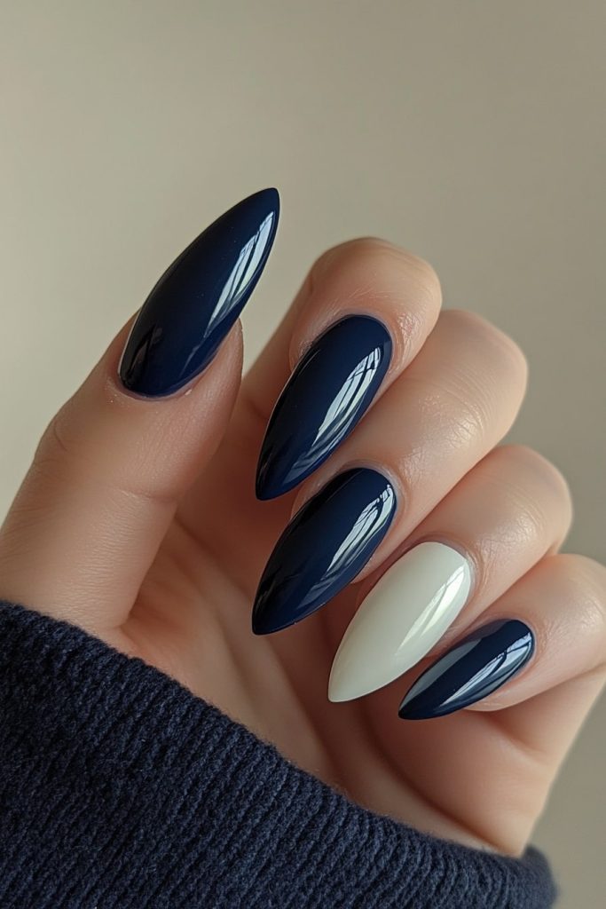 12 Dark Blue with White accent nail