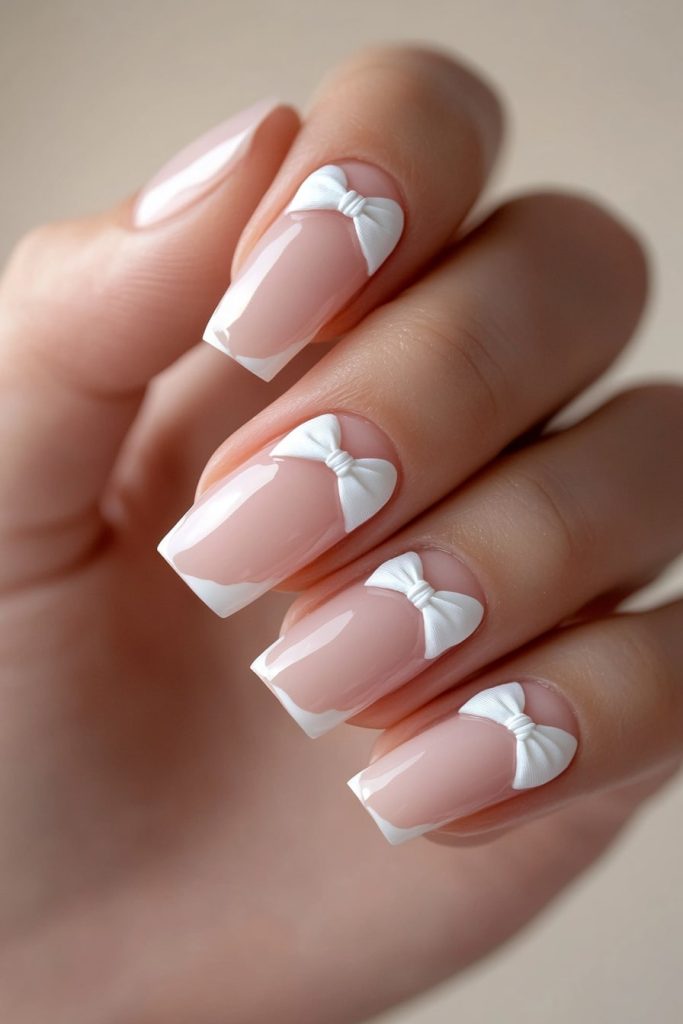12 Pink and White Bow Nails with Simple bow accents on tips