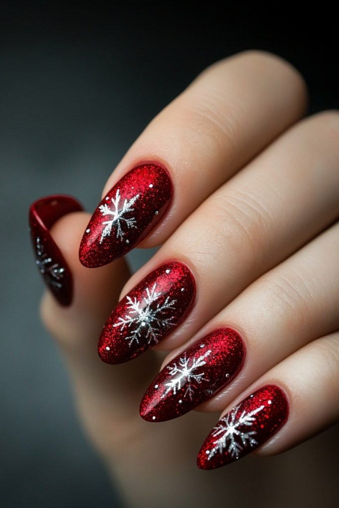 12 Red Glitter Snowflake Nails