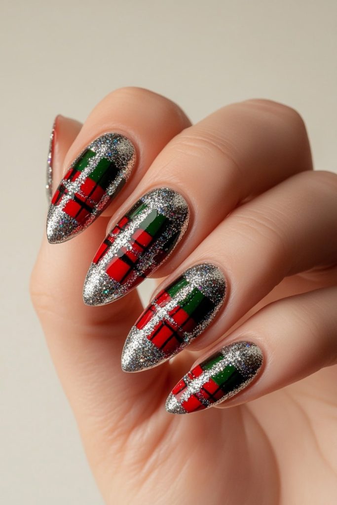 12 Red and Green Plaid with Silver Glitter Accents