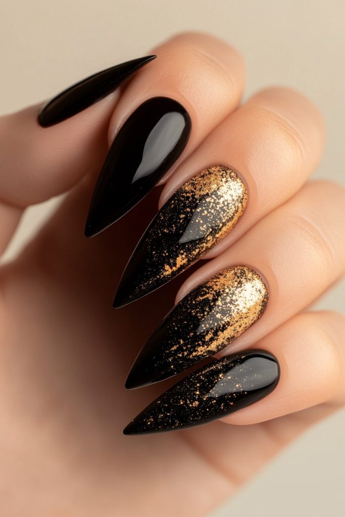13 Black with Gold Glitter French Tips