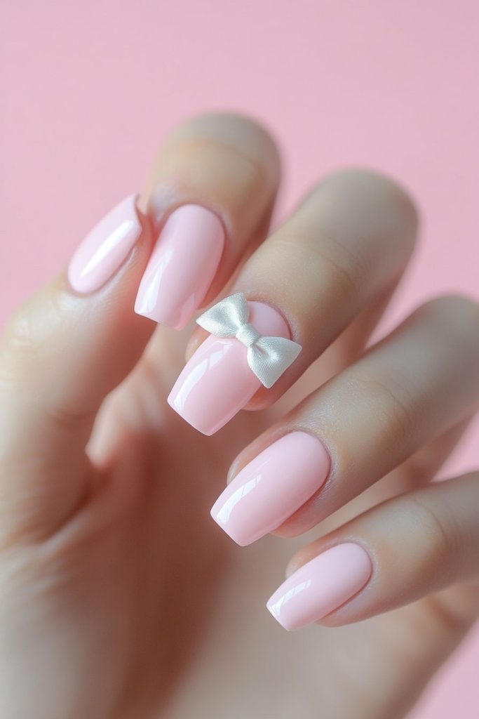 13 Light Pink Bow Nails with Tiny delicate bow on accent nail
