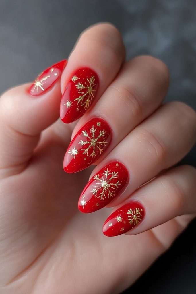 13 Red Nails Gold Snowflake