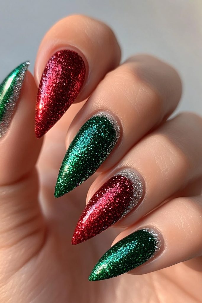 13 Red and green glitter nails