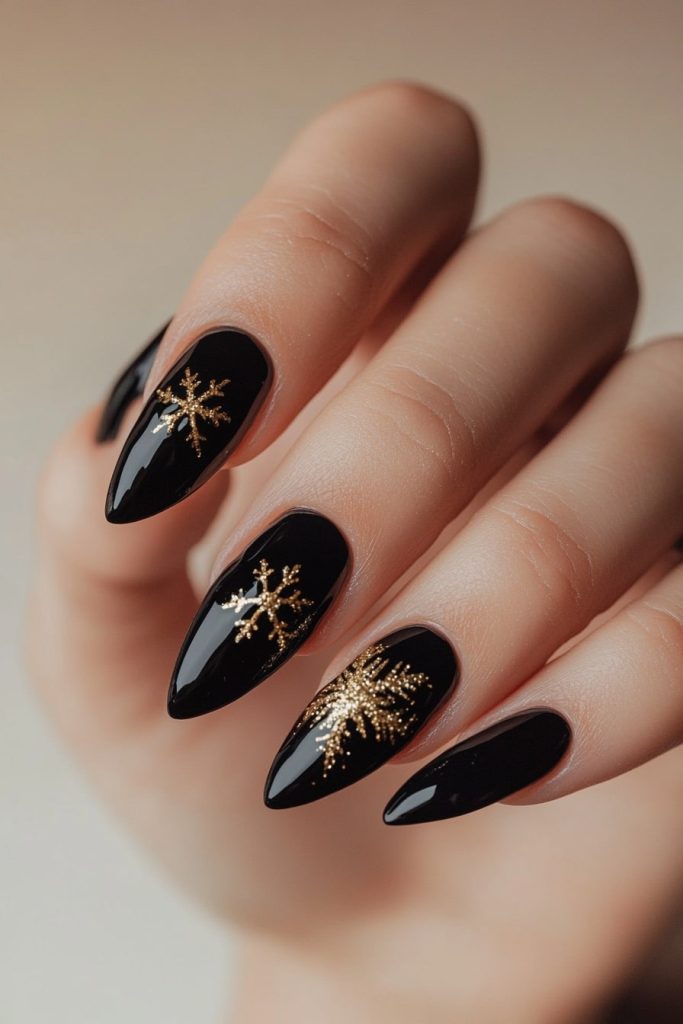 14 Black and Gold Glitter Snowflake Accents
