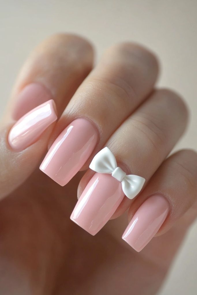 14 Light Pink Bow Nails with Single white bow at cuticle