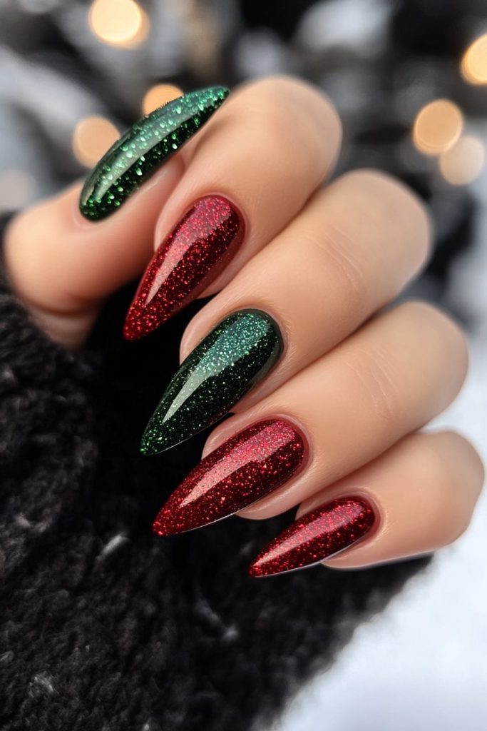 14 Red and green sparkle nails