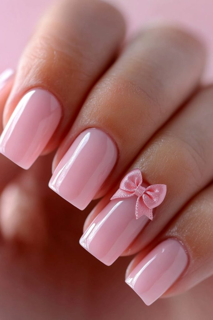 15 Light Pink Bow Nails with Pink bows on ring fingers