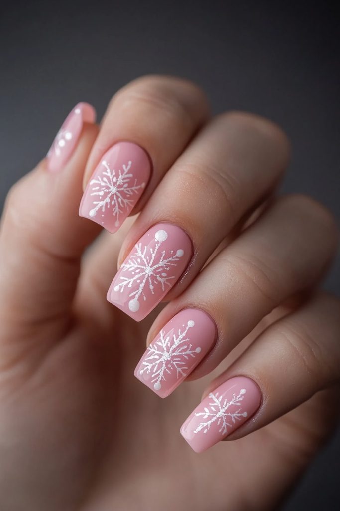 15 Pink Nails with Snowflake Design