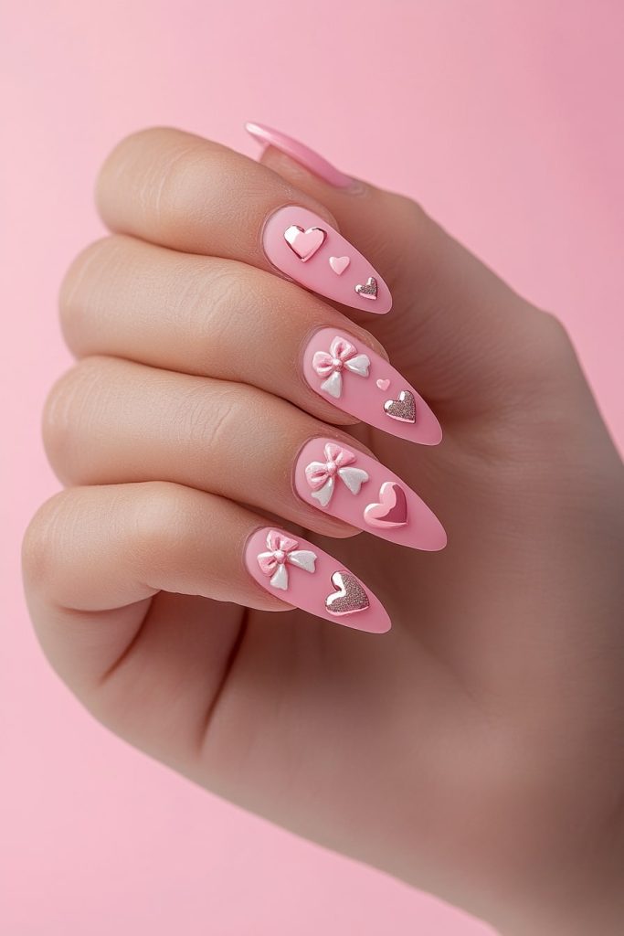 16 Pink Bow and Heart Nails with Small heart accents near bows