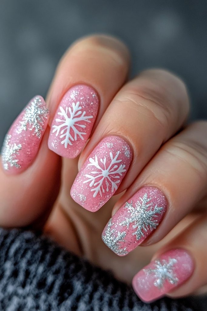 16 Pink and Silver Snowflake Nails