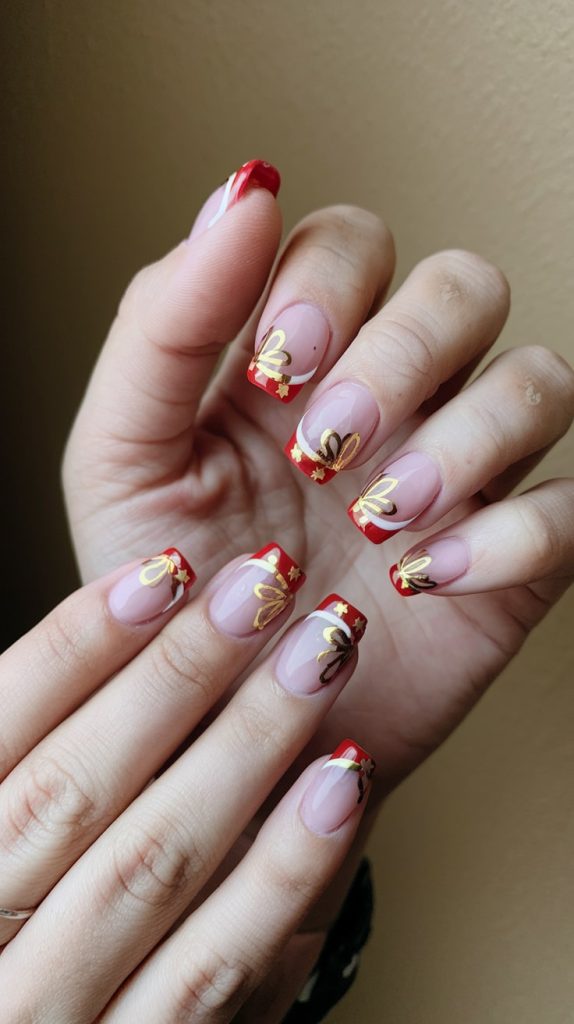 16 Red and Gold with French tip design