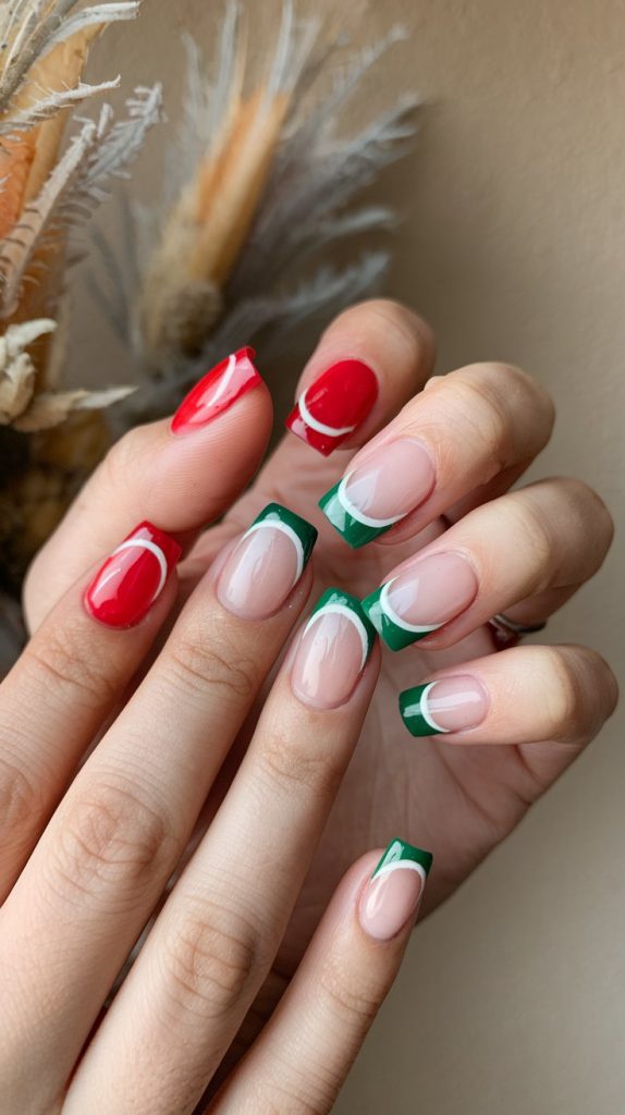 16 Red and green French tip nails