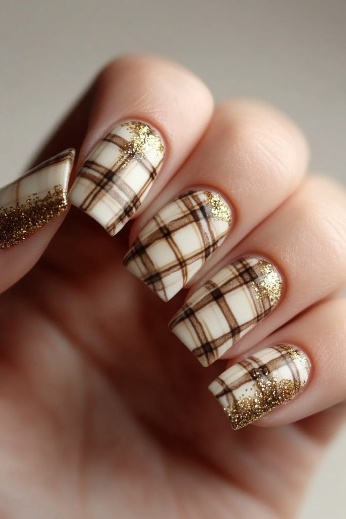 17 Beige and Brown Plaid with Gold Glitter Accents