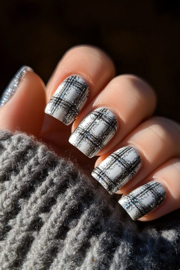 17 Gray and White Plaid with Silver Glitter Accents
