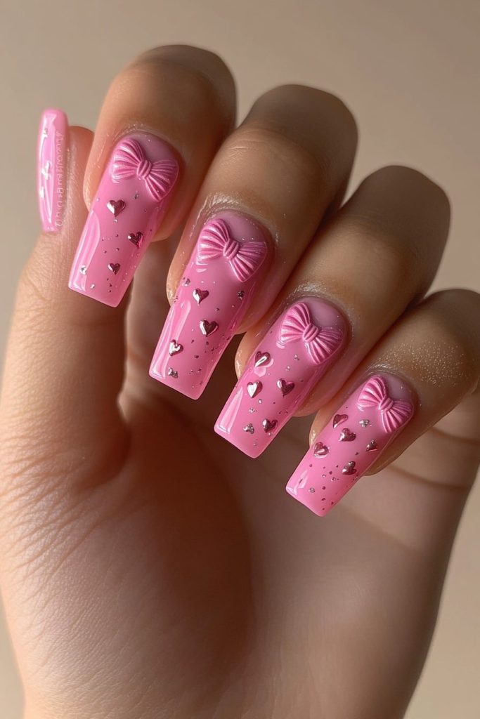 17 Pink Bow and Heart Nails with Bow and heart alternating pattern