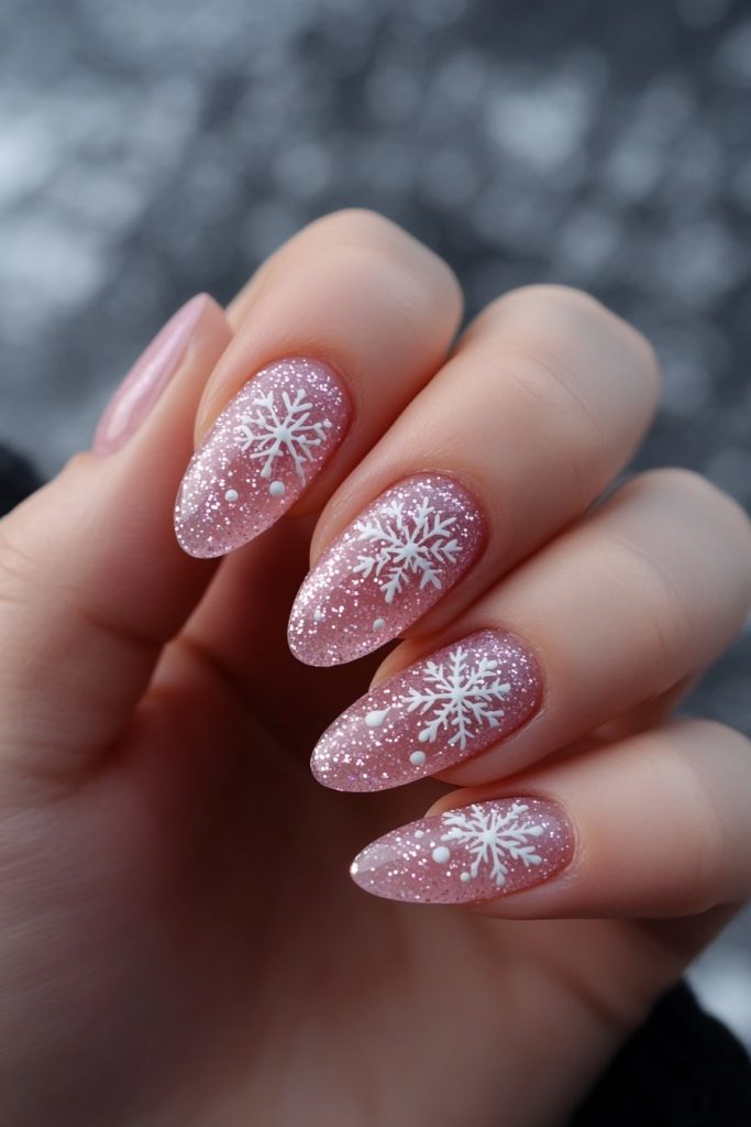 17 Pink Glitter Snowflake Nails