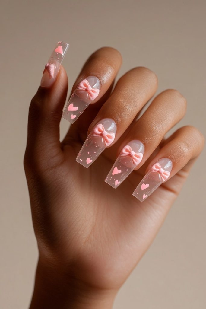 18 Pink Bow and Heart Nails with Tiny heart outlines next to bows