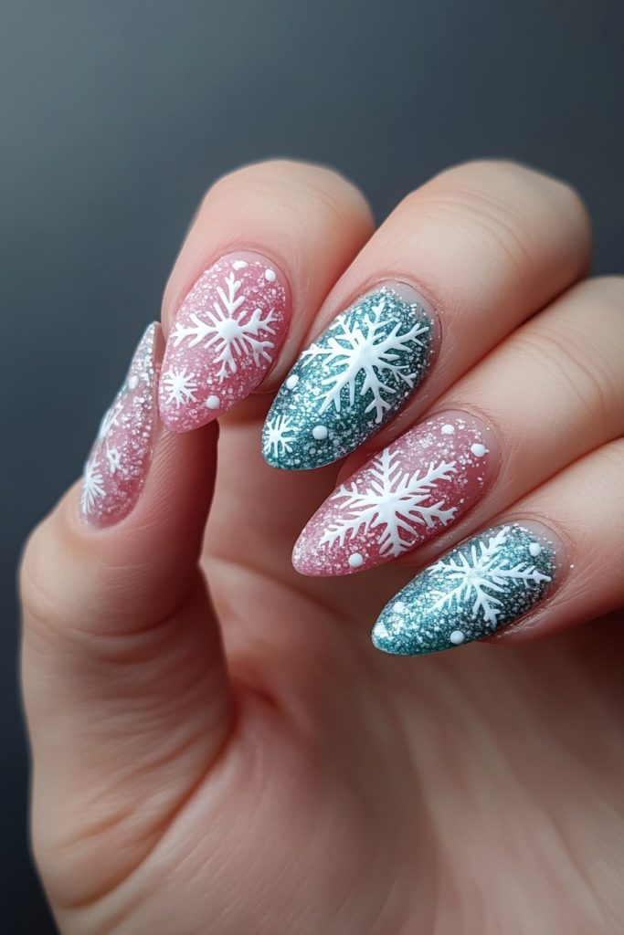 18 Pink and Blue Snowflake Nails