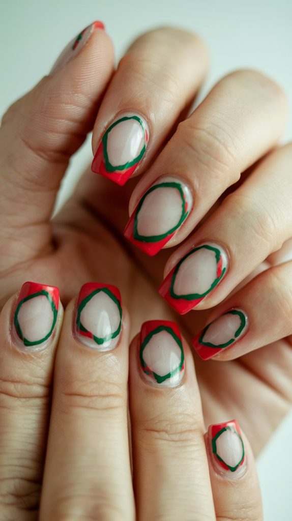 18 Red and green negative space nails