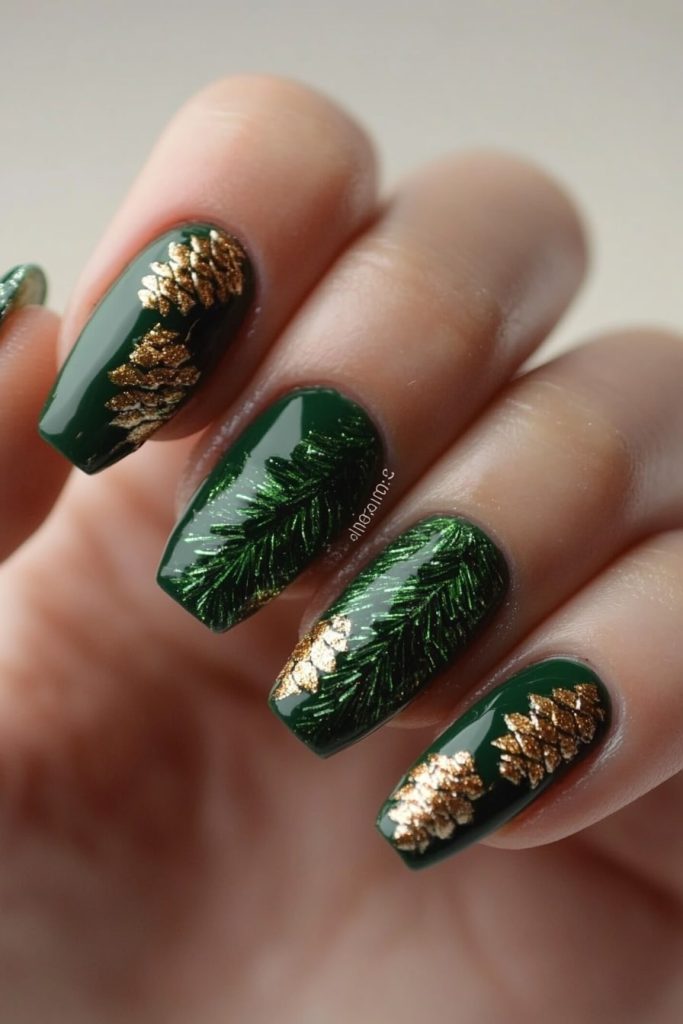 19 Forest Green with Gold Glitter Pine Cones
