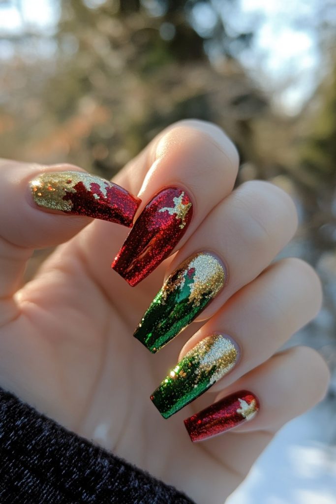 19 Red and green foil accent nails