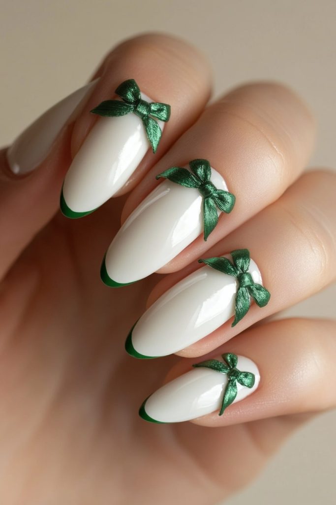 19 White Nails with Green Bow with Green bow tips
