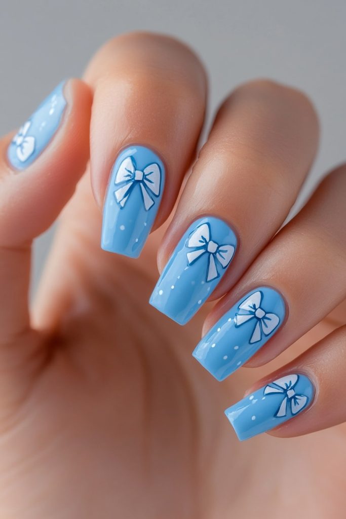 2 Blue Bow Nails with Tiny bow decals