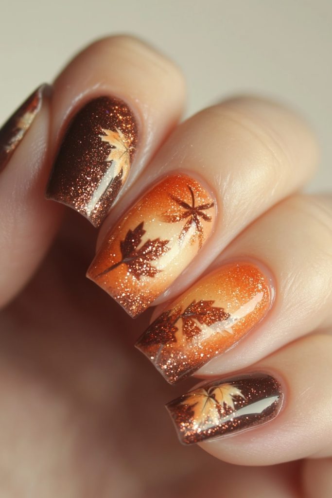 2 Brown and Orange Gradient with Glitter Leaves
