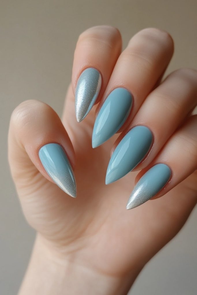 2 Light Blue with Soft silver sparkle tips