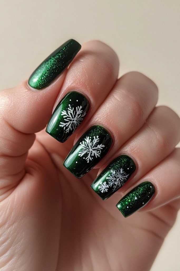 20 Dark Green Nails with Snowflake