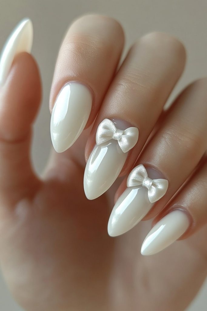 20 White Nails with Bow accents at cuticle