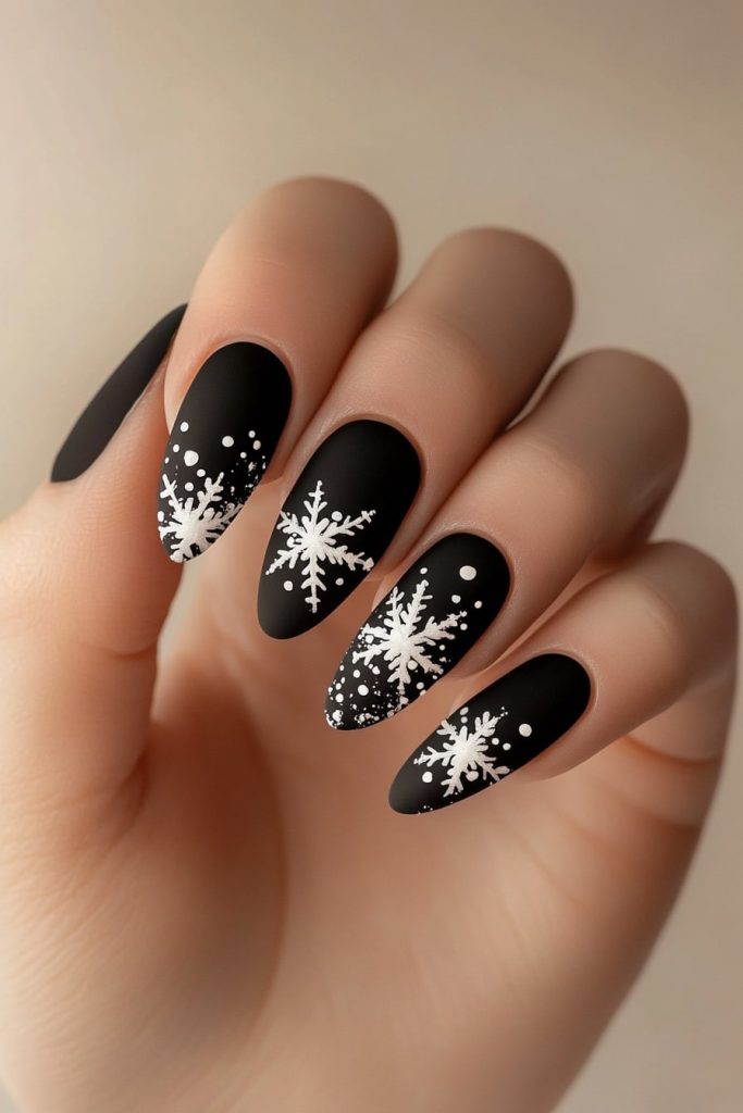 21 Matte Black Snowflake Nails