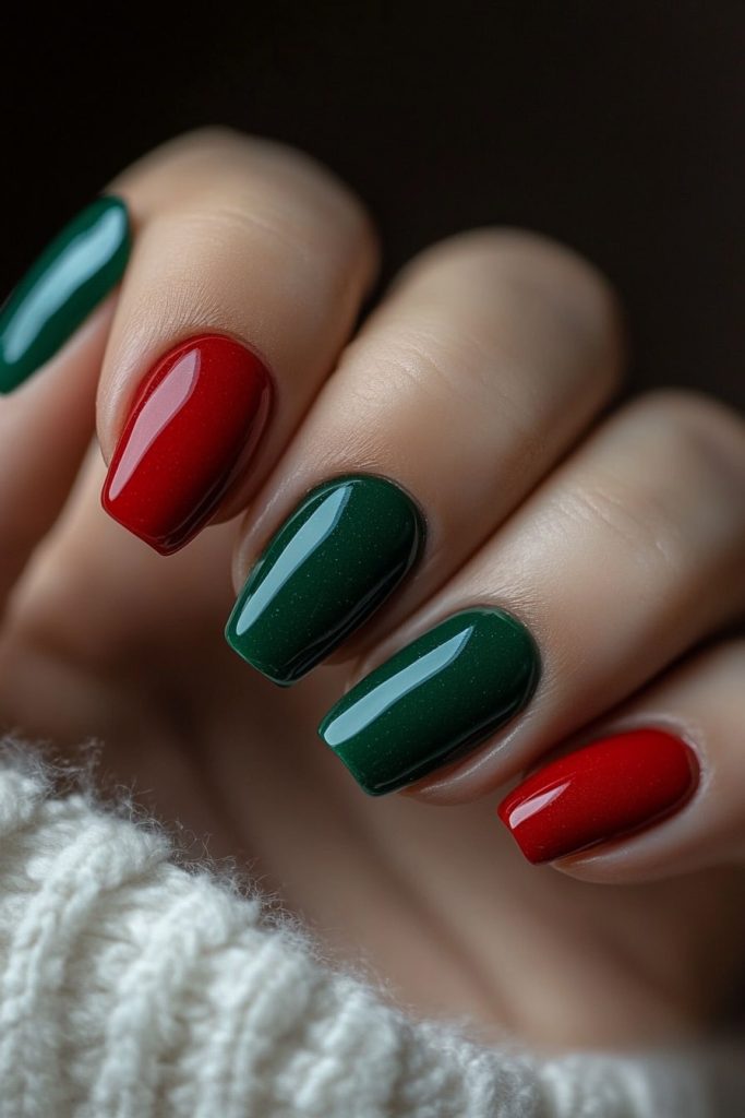 21 Red and green color block nails