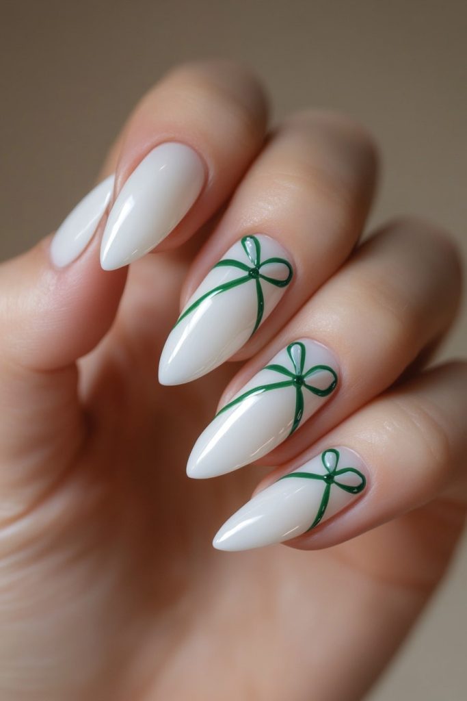21 White Nails with Green Bow with Thin green bow stripe