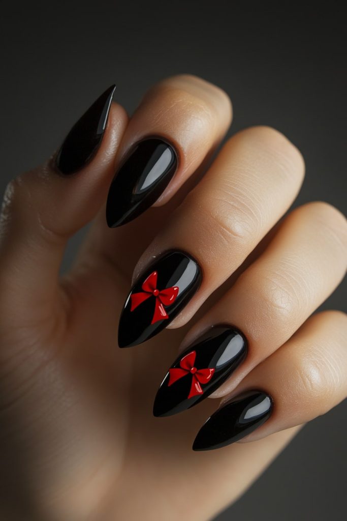 22 Black Nails with Red Bow