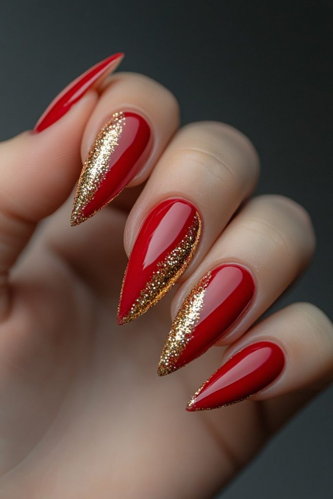 22 Classic red with gold glitter tips