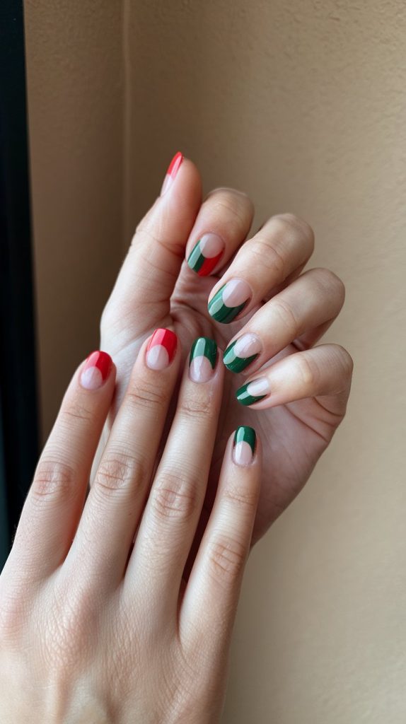 22 Red and green half moon nails