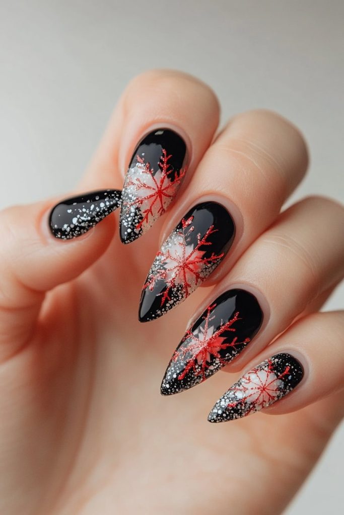 23 Black and Red Snowflake Nails