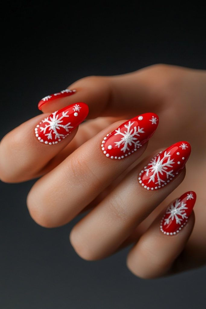 23 Red French Tips with White Snowflake Accents