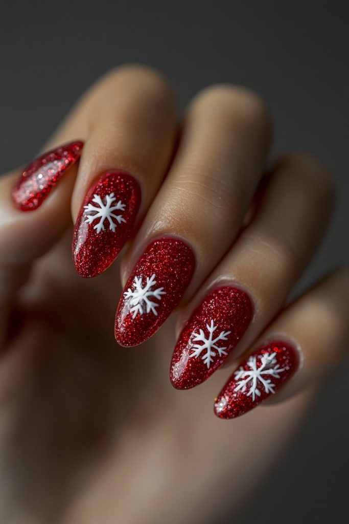 23 Red Glitter Base with White Snowflake Silhouettes